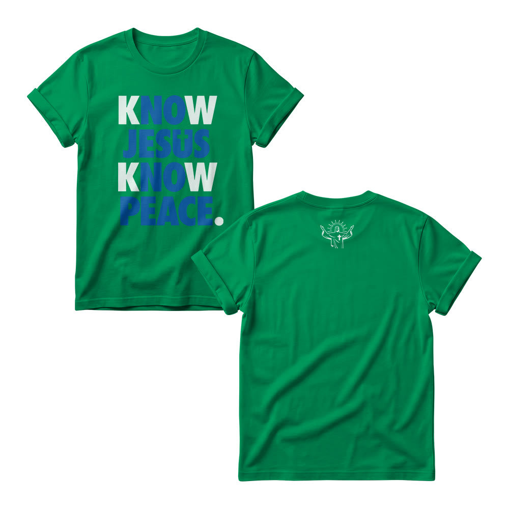 Christianartworkshop Know Jesus Know Peace Two Tone Vertical Stack Bold Block Front Print Christian Women’s Crewnecks - Green - 4XL - image 9