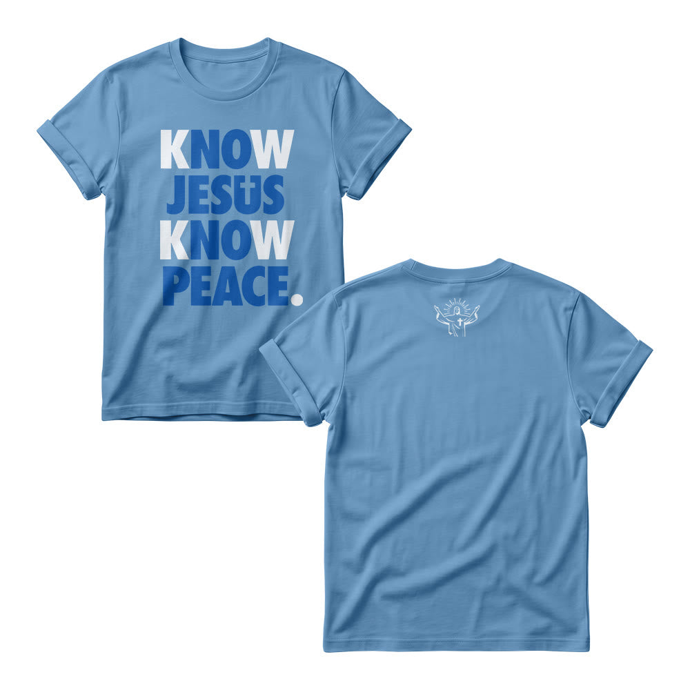 Christianartworkshop Know Jesus Know Peace Two Tone Vertical Stack Bold Block Front Print Christian Women’s Crewnecks - Blue - 4XL - image 6