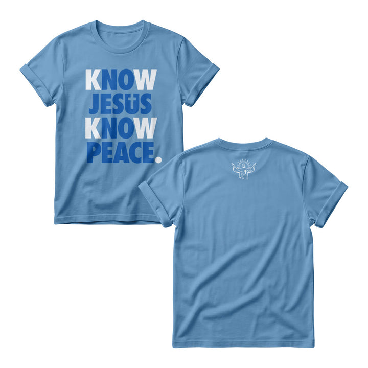 Christianartworkshop Know Jesus Know Peace Two Tone Vertical Stack Bold Block Front Print Christian Women’s Crewnecks - Blue - 4XL - image 6