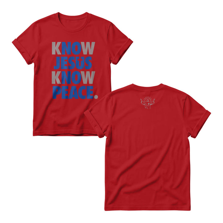 Christianartworkshop Know Jesus Know Peace Two Tone Vertical Stack Bold Block Front Print Christian Women’s Crewnecks - Red - 4XL - image 8