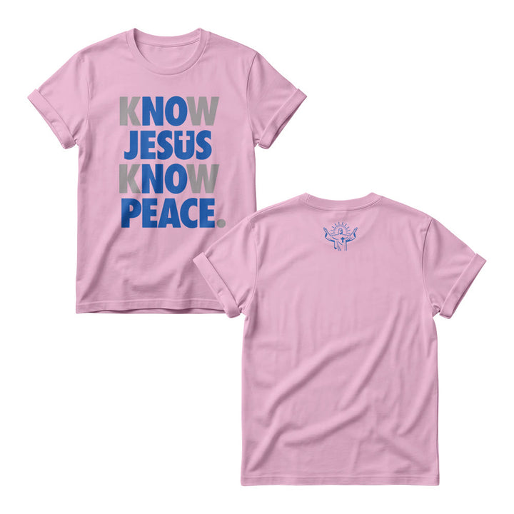 Christianartworkshop Know Jesus Know Peace Two Tone Vertical Stack Bold Block Front Print Christian Women’s Crewnecks - Pink - 4XL - image 5