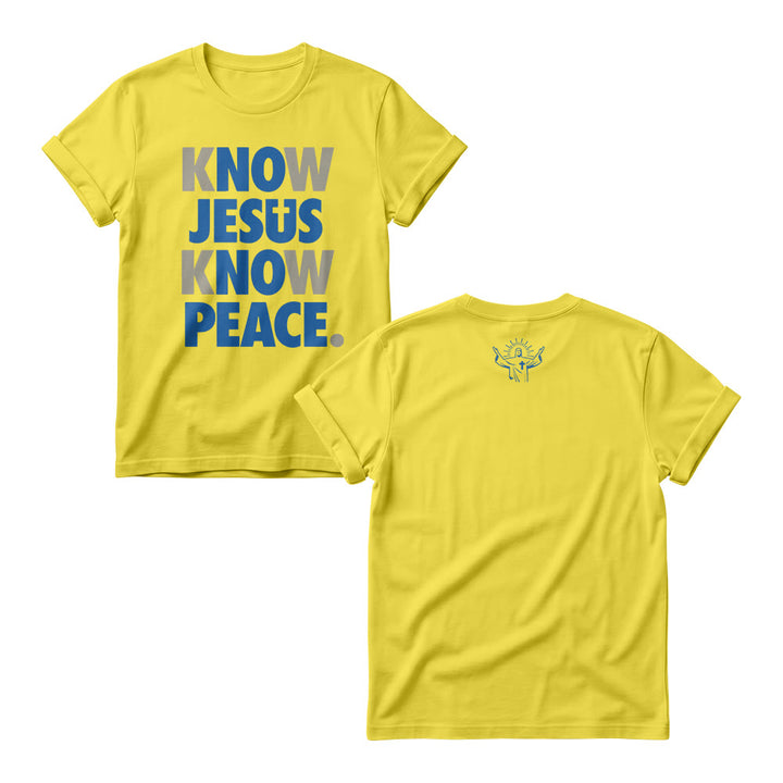 Christianartworkshop Know Jesus Know Peace Two Tone Vertical Stack Bold Block Front Print Christian Women’s Crewnecks - Yellow - 4XL - image 3