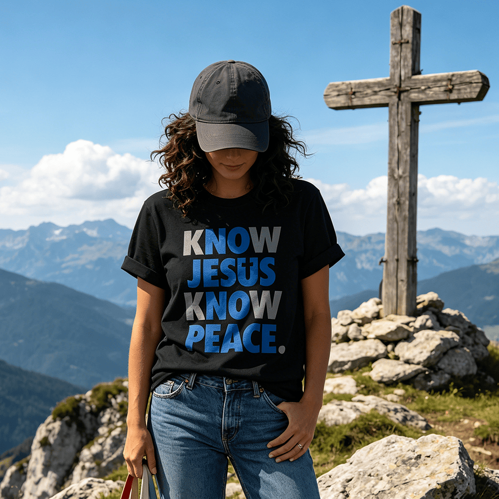 Christianartworkshop Know Jesus Know Peace Two Tone Vertical Stack Bold Block Front Print Christian Women’s Crewnecks - image 0