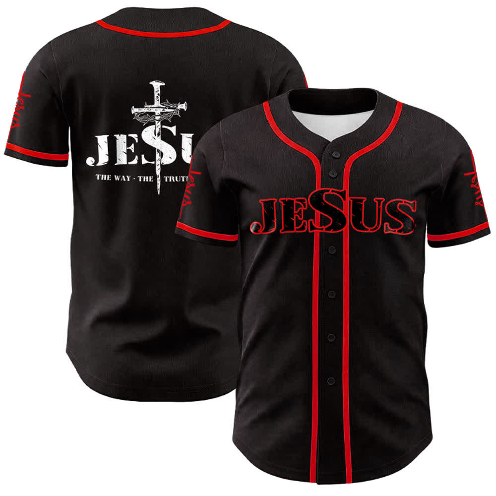Christianartworkshop Jesus Cross Nail and Crown of Thorns Baseball Jersey - Black - Red - 5XL - image 6