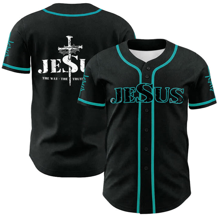 Christianartworkshop Jesus Cross Nail and Crown of Thorns Baseball Jersey - Black - Lake Blue - 5XL - image 13