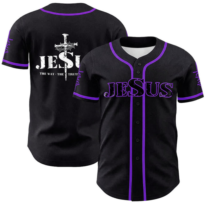 Christianartworkshop Jesus Cross Nail and Crown of Thorns Baseball Jersey - Black - Purple - 5XL - image 25