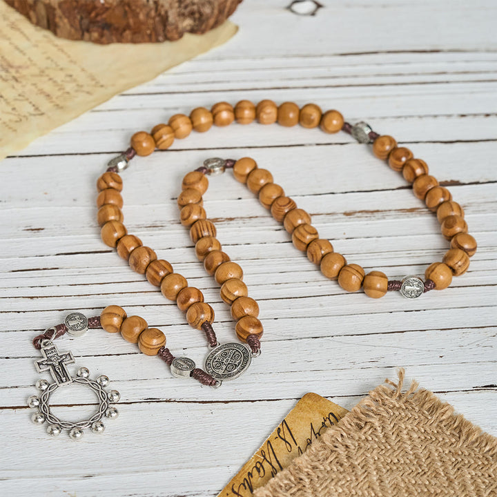 Christianartworkshop Natural Grain Wooden Bead Cord Rosary With St.Benedict / Our Lady / Finger Rosary Pendant - Finger Rosary - image 1