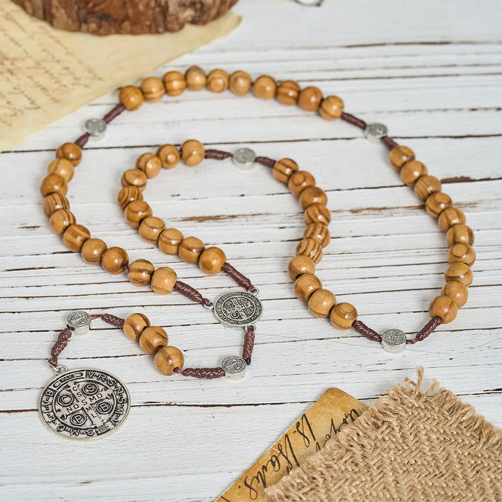 FREE Today: Natural Grain Wooden Bead Cord Rosary With St.Benedict / Our Lady / Finger Rosary Pendant - St.Benedict - image 8