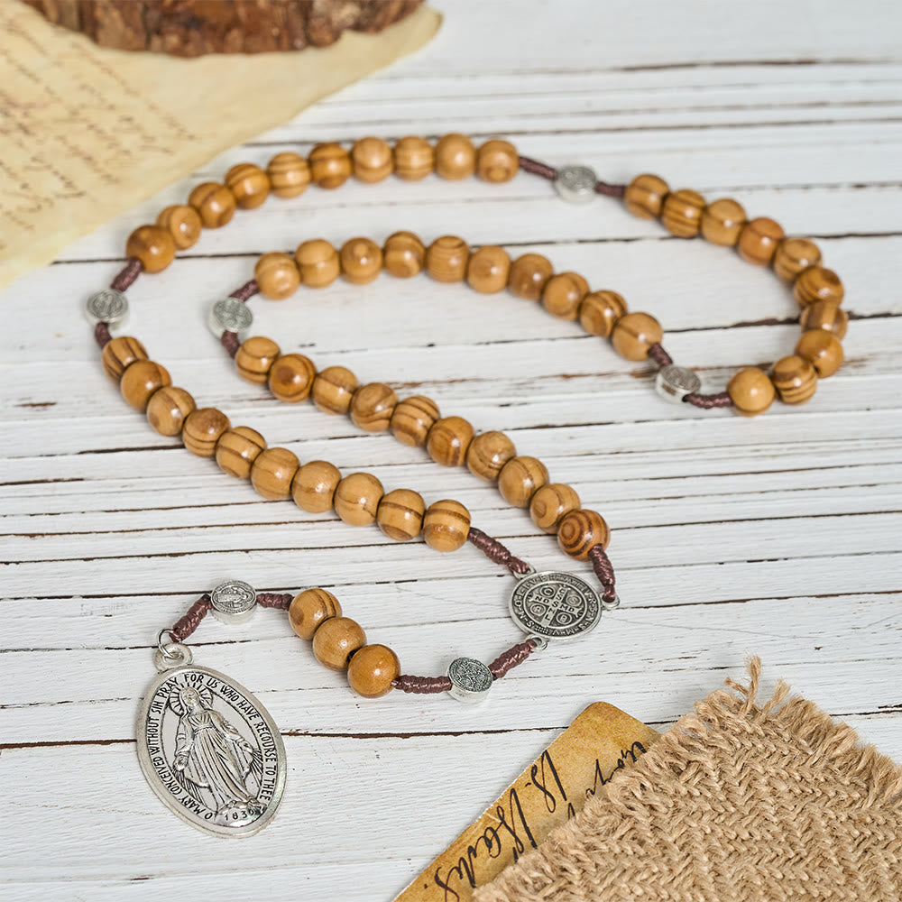 Christianartworkshop Natural Grain Wooden Bead Cord Rosary With St.Benedict / Our Lady / Finger Rosary Pendant - Our Lady - image 5