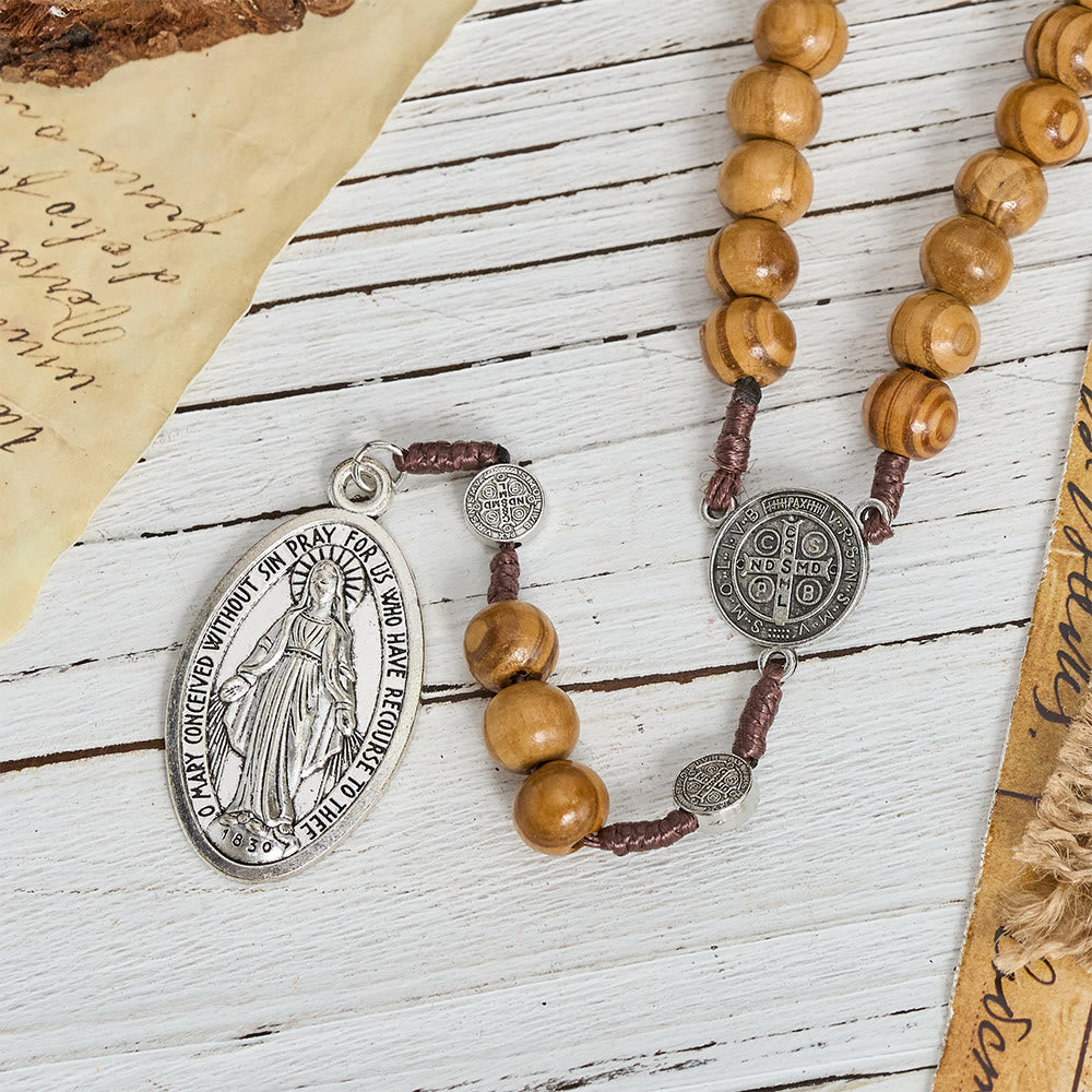 FREE Today: Natural Grain Wooden Bead Cord Rosary With St.Benedict / Our Lady / Finger Rosary Pendant - image 7