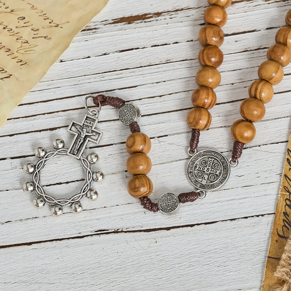 FREE Today: Natural Grain Wooden Bead Cord Rosary With St.Benedict / Our Lady / Finger Rosary Pendant - image 4