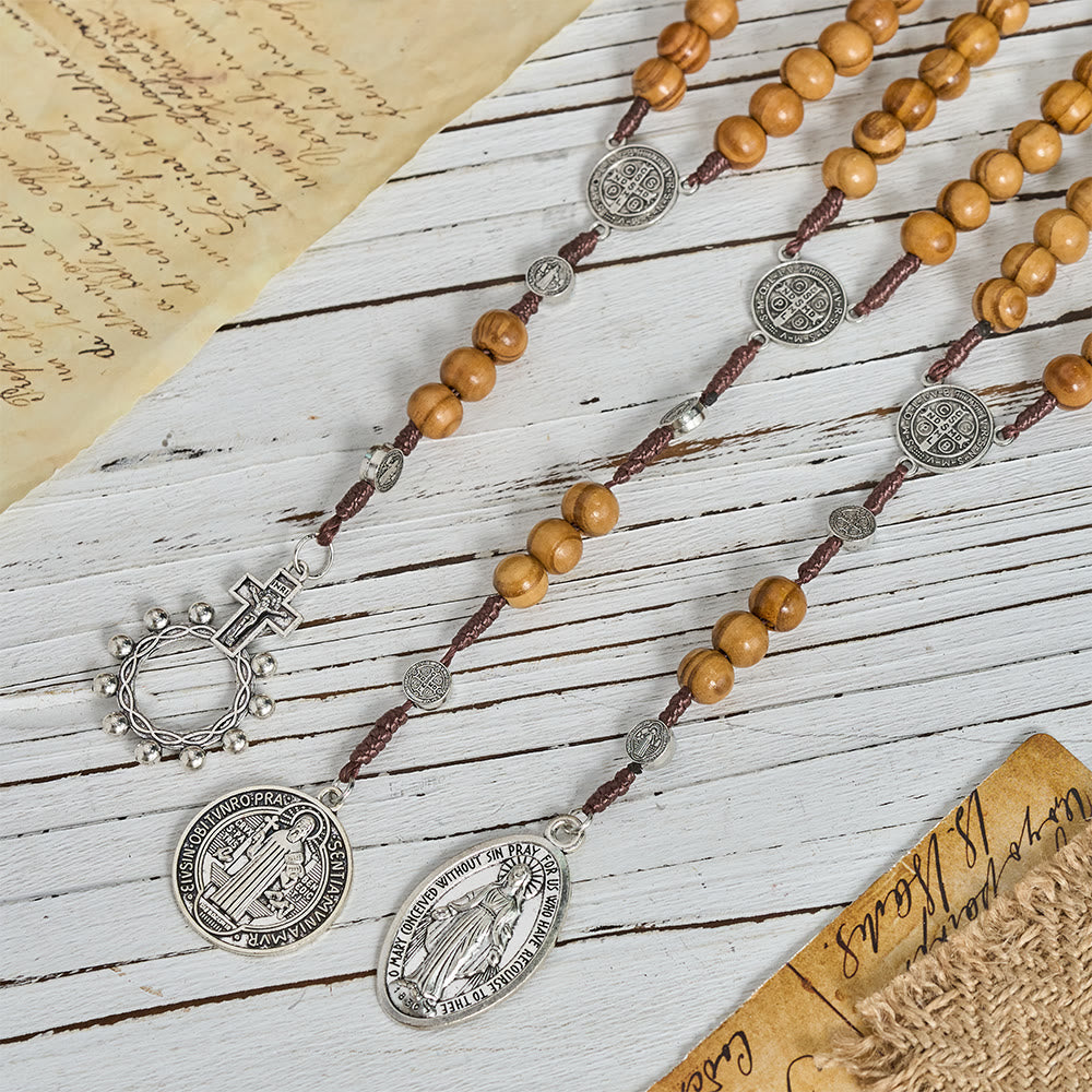 FREE Today: Natural Grain Wooden Bead Cord Rosary With St.Benedict / Our Lady / Finger Rosary Pendant - image 0