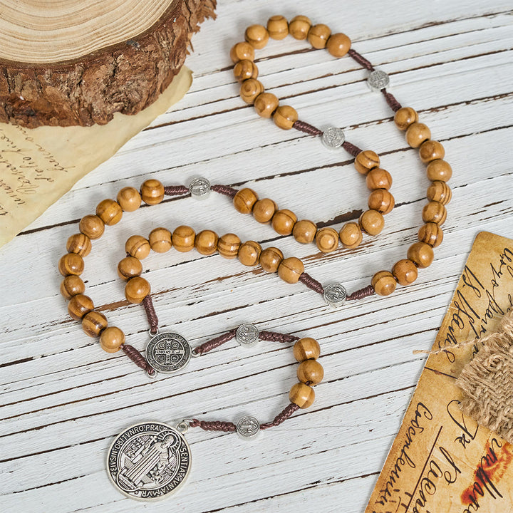 Christianartworkshop Natural Grain Wooden Bead Cord Rosary With St.Benedict / Our Lady / Finger Rosary Pendant - image 9