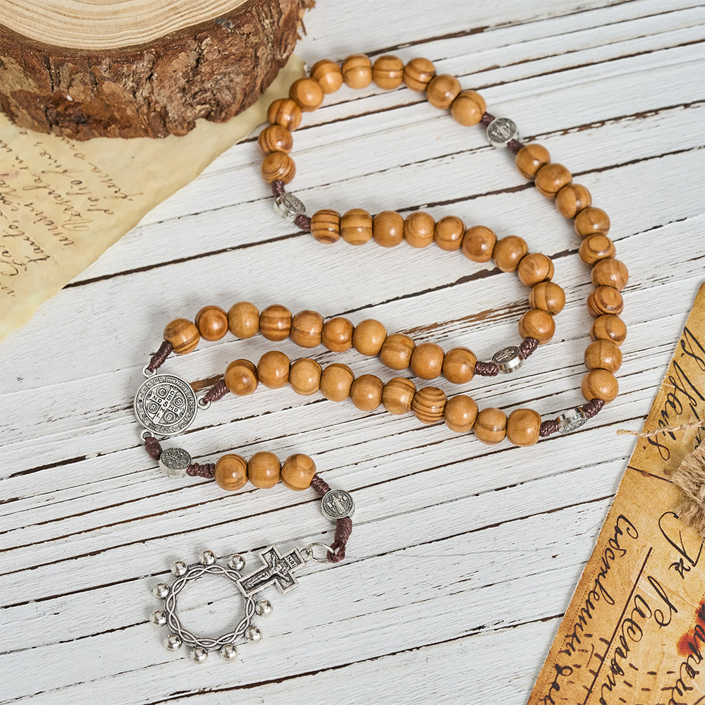 FREE Today: Natural Grain Wooden Bead Cord Rosary With St.Benedict / Our Lady / Finger Rosary Pendant - image 2