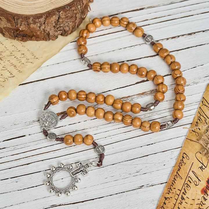 FREE Today: Natural Grain Wooden Bead Cord Rosary With St.Benedict / Our Lady / Finger Rosary Pendant - image 2