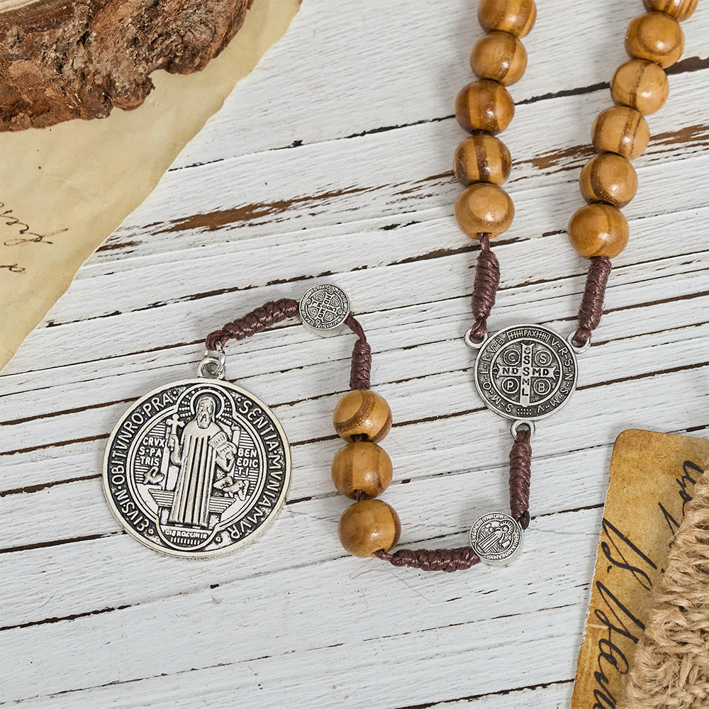 Christianartworkshop Natural Grain Wooden Bead Cord Rosary With St.Benedict / Our Lady / Finger Rosary Pendant - image 10