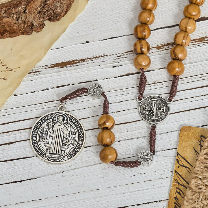 Christianartworkshop Natural Grain Wooden Bead Cord Rosary With St.Benedict / Our Lady / Finger Rosary Pendant - image 10