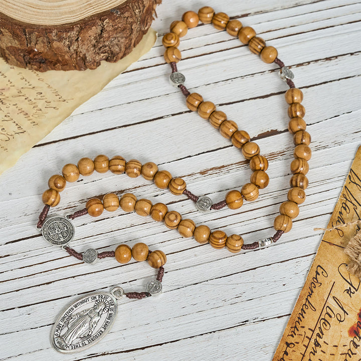 FREE Today: Natural Grain Wooden Bead Cord Rosary With St.Benedict / Our Lady / Finger Rosary Pendant - image 6