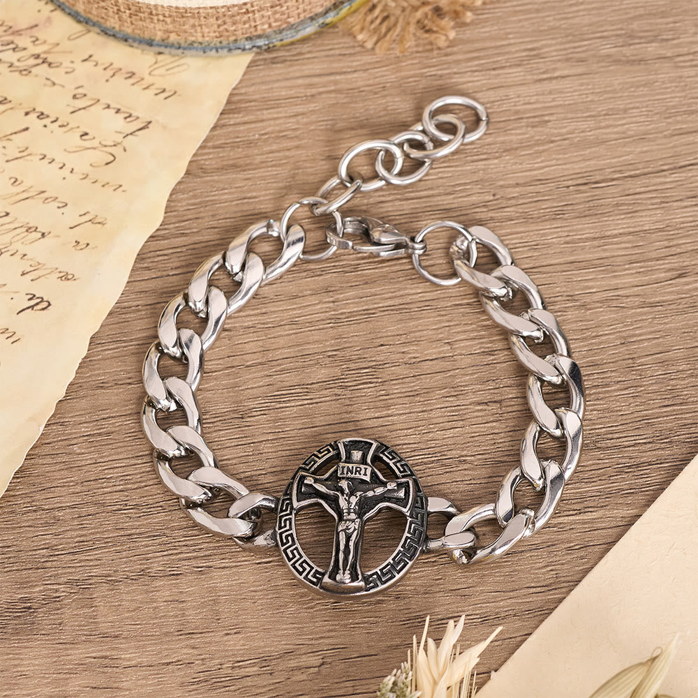 Christianartworkshop Antiqued Metal Chunky Curb Chain St.Jude & Framed Crucifix Bracelet - Crucifix A - image 0