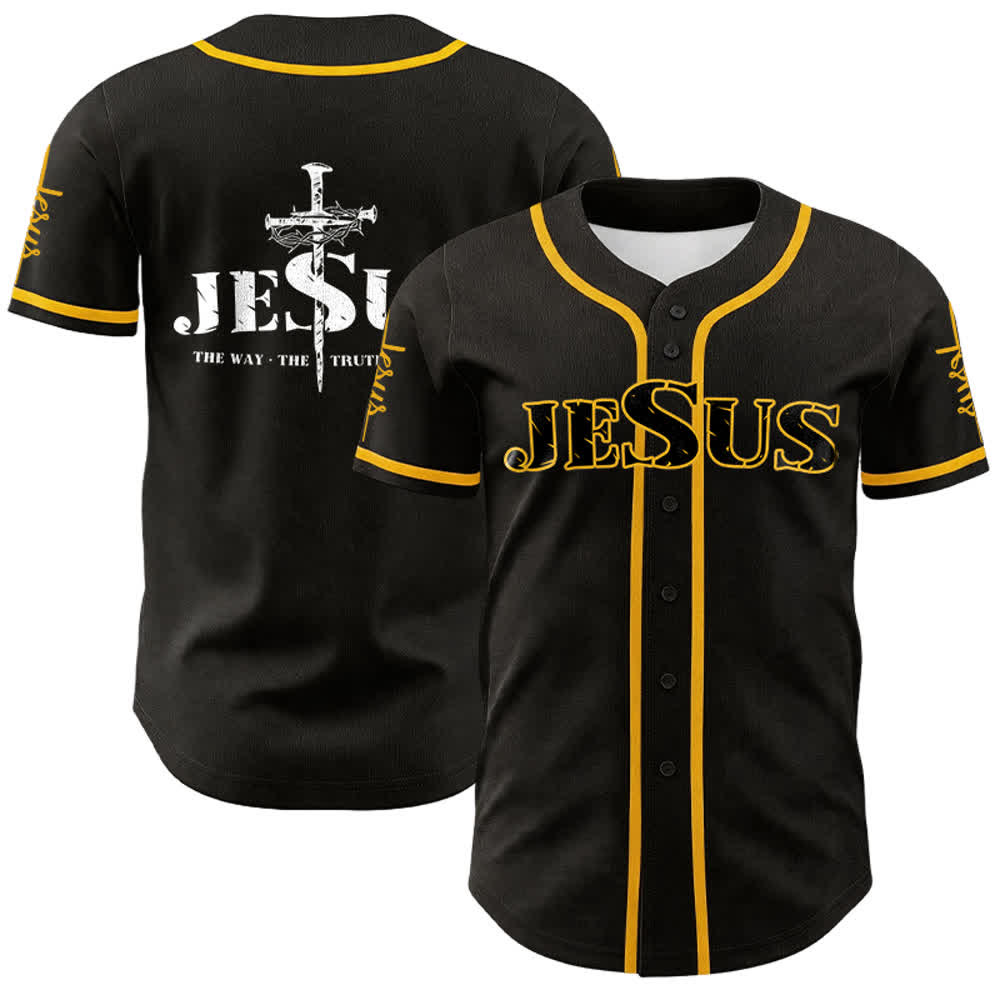 Christianartworkshop Jesus Cross Nail and Crown of Thorns Baseball Jersey - Black - Golden - 5XL - image 0