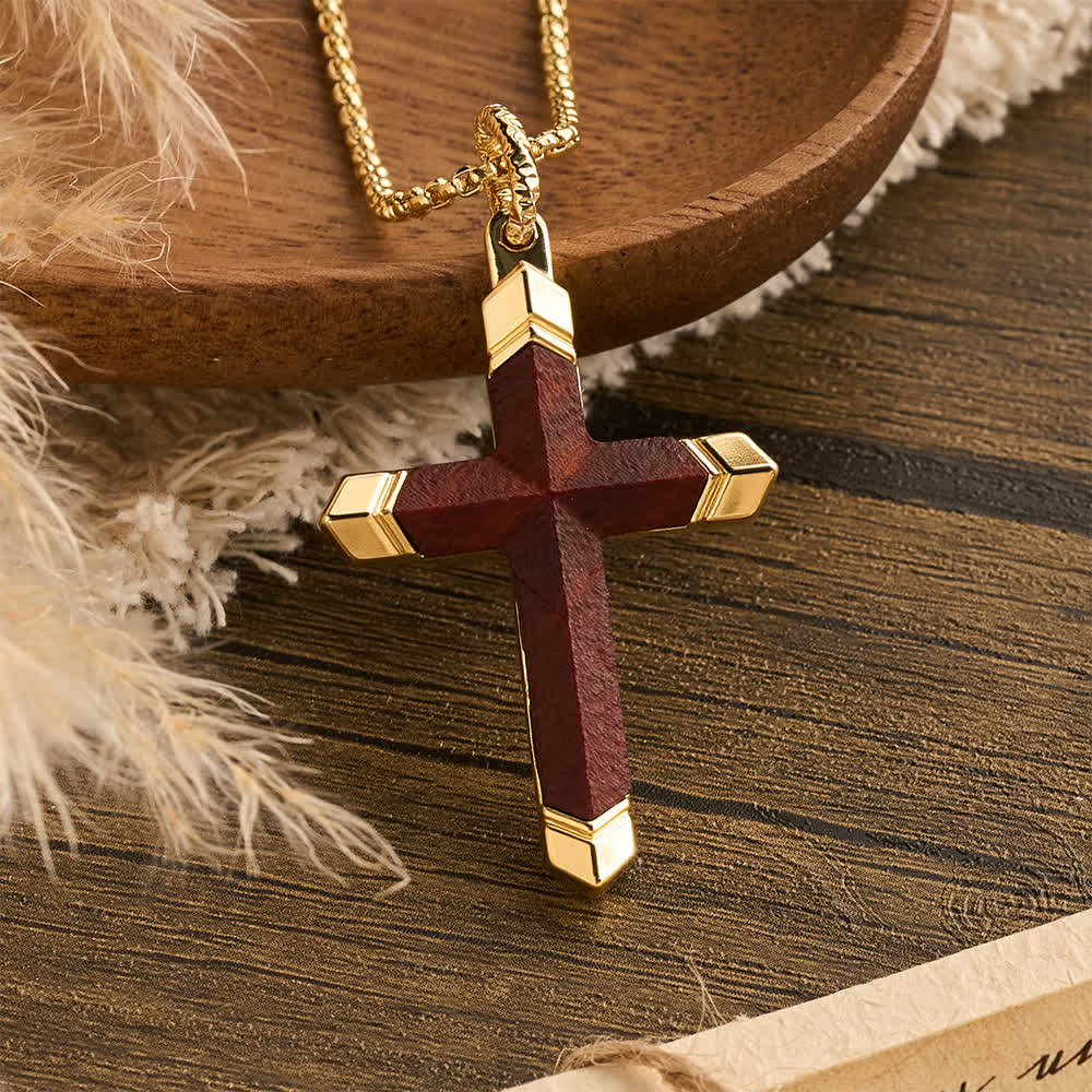 FREE Today: Multicolor Stainless Steel Inlaid Solid Wood Cross Pendant Box Chain Necklace - Sandalwood - Golden - image 7