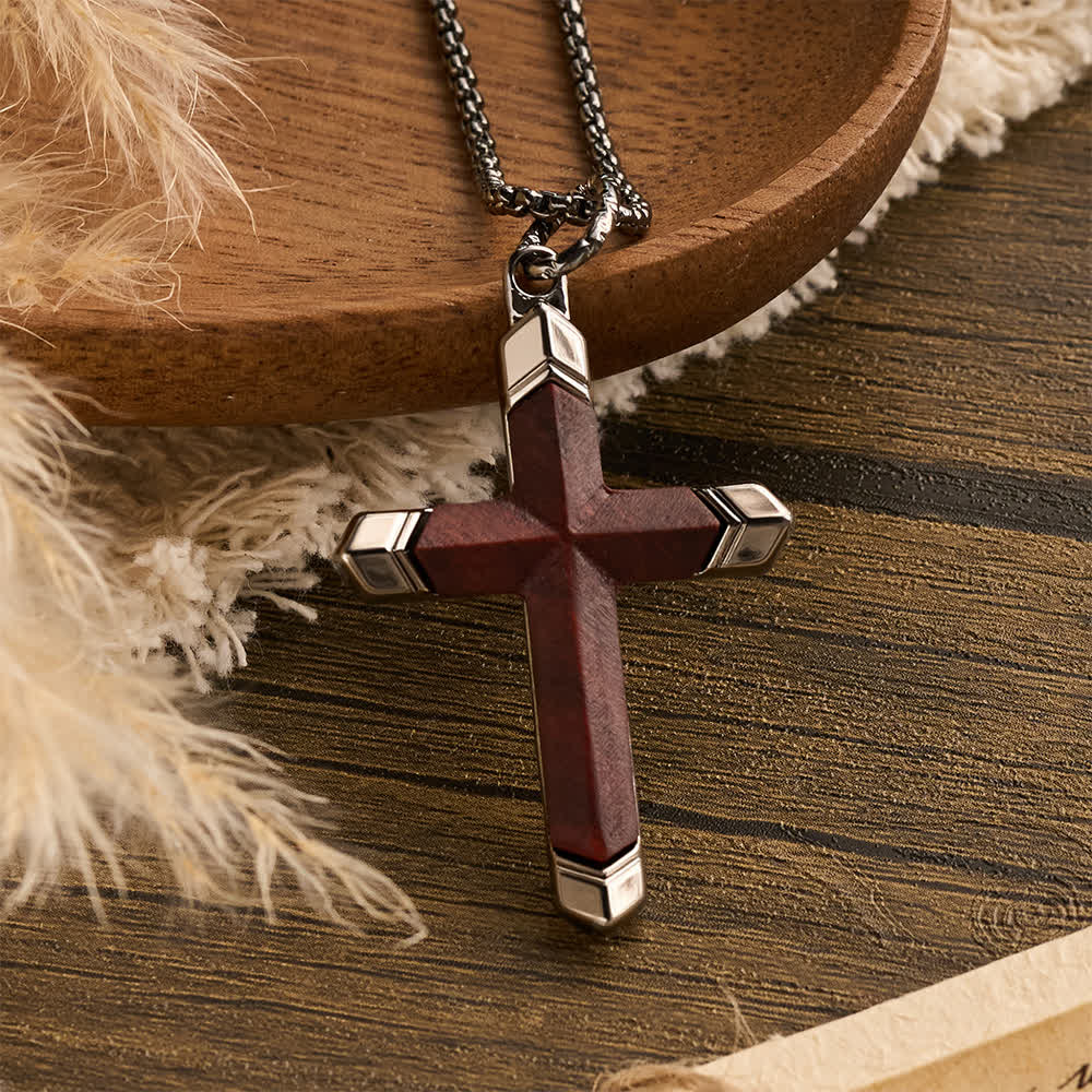 FREE Today: Multicolor Stainless Steel Inlaid Solid Wood Cross Pendant Box Chain Necklace - Sandalwood - Silver - image 9