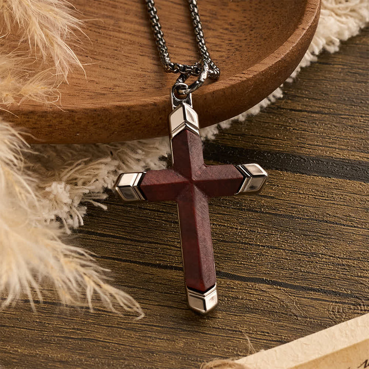 FREE Today: Two-Tone Stainless Steel Inlaid Solid Wood Cross Pendant Box Chain Necklace - Sandalwood - Silver - image 9