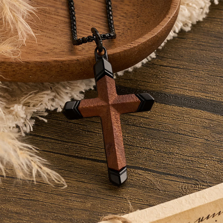 FREE Today: Multicolor Stainless Steel Inlaid Solid Wood Cross Pendant Box Chain Necklace - Walnut Wood - Black - image 15