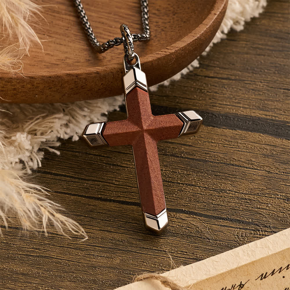 FREE Today: Multicolor Stainless Steel Inlaid Solid Wood Cross Pendant Box Chain Necklace - Walnut Wood - Silver - image 18