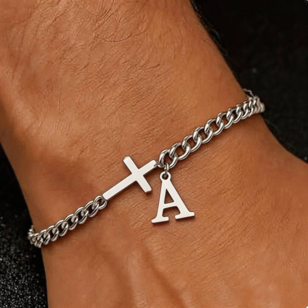 Christianartworkshop Letter Cross Curb Chain Bracelet: Personalized Emblem of Steadfast Heavenly Faith - A - image 0