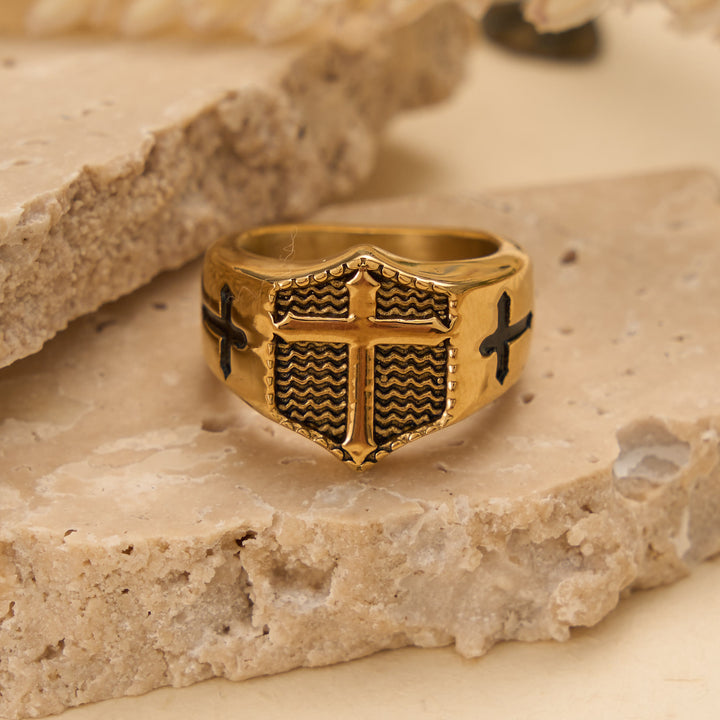 Christianartworkshop Shield Cross Embossed Signet Ring: Timeless Emblem of Unshakable Sacred Faith - Golden - US 13 - image 7