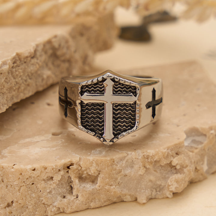FREE Today: Shield Cross Embossed Signet Ring: Timeless Emblem of Unshakable Sacred Faith - Steel - US 13 - image 3