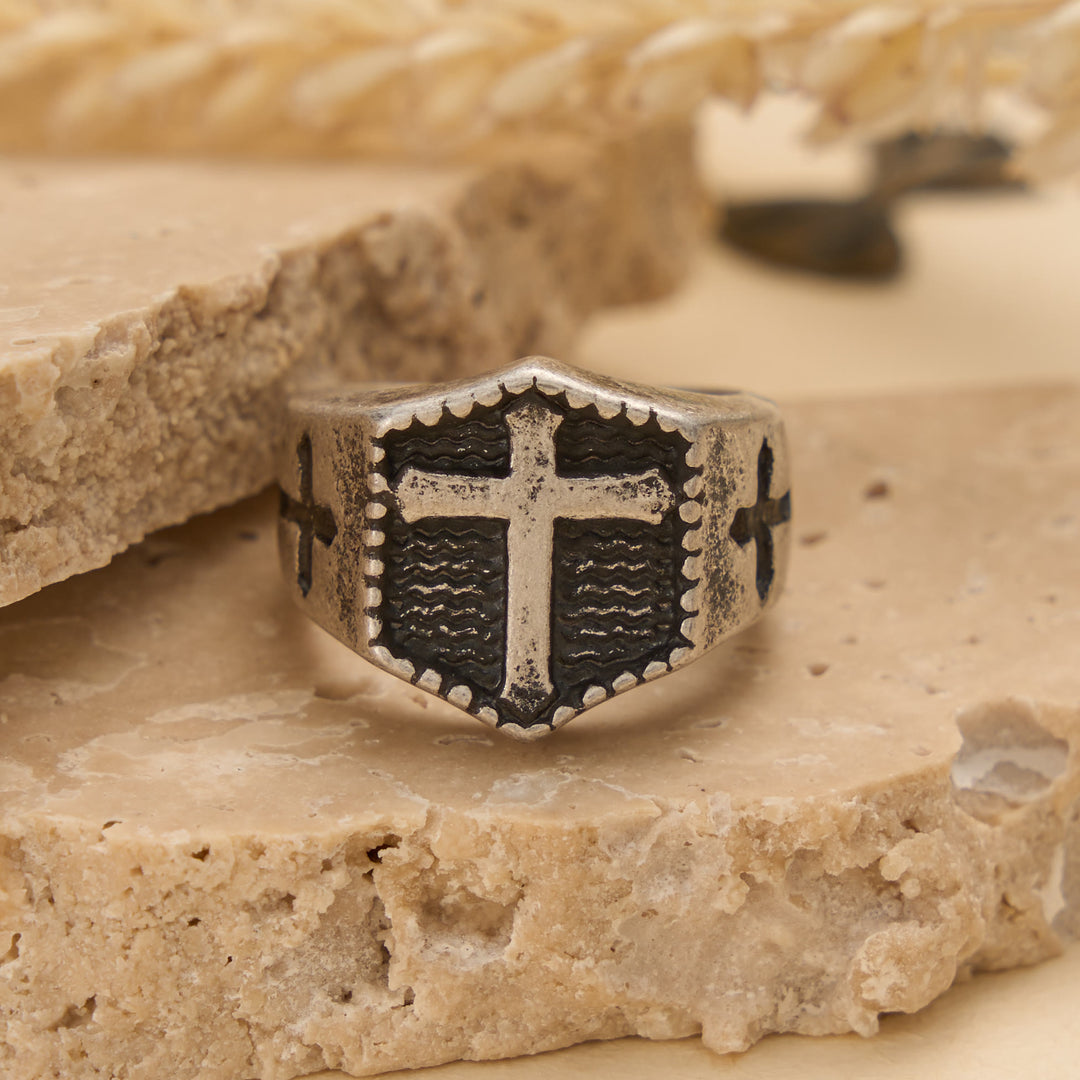 FREE Today: Shield Cross Embossed Signet Ring: Timeless Emblem of Unshakable Sacred Faith - Antique Silver - US 13 - image 5