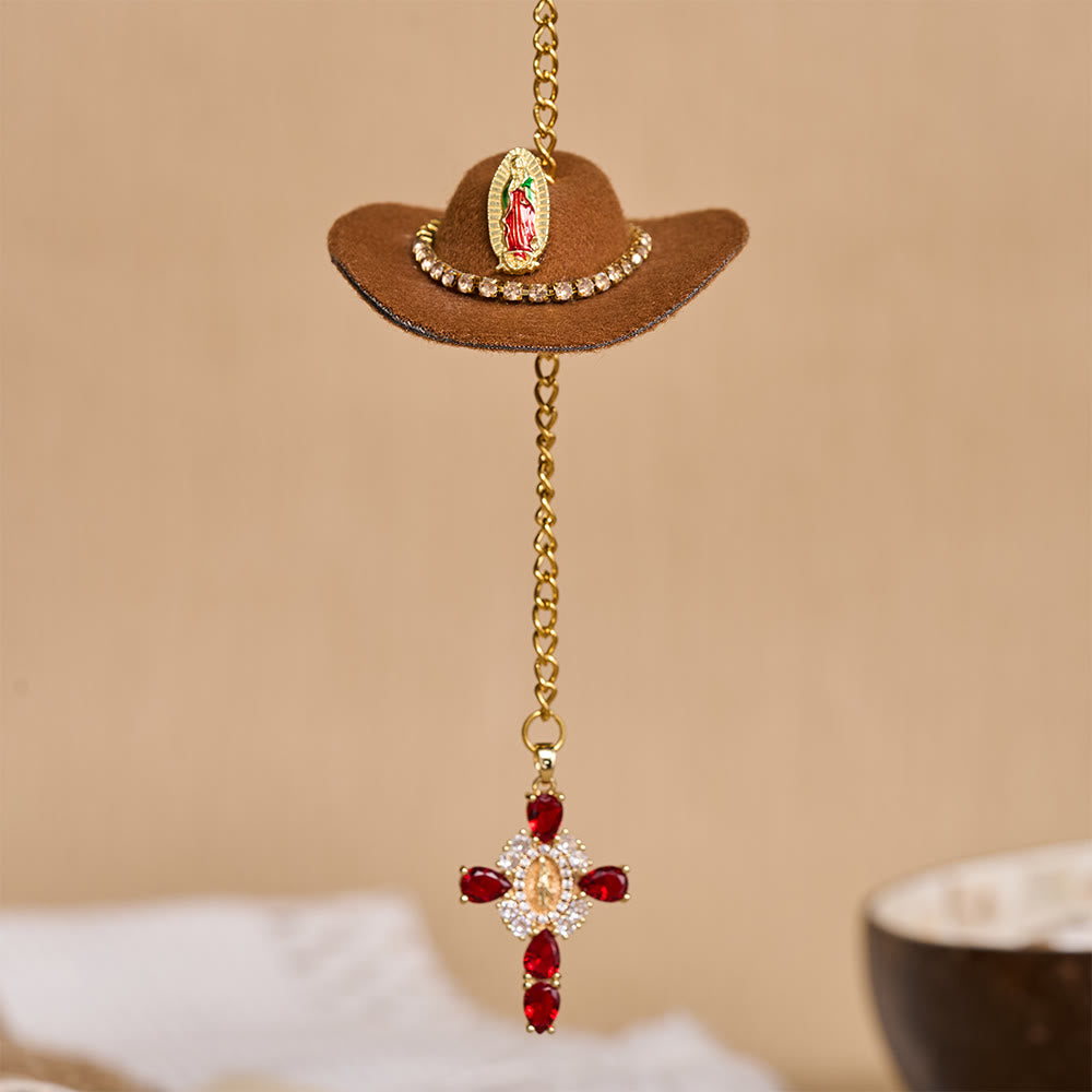 Christianartworkshop Mini Cowboy Hat Our Lady Crystal Cross Car Hanging Ornament: A Reminder of Merciful Divine Protection on Every Trip - Brown - image 0