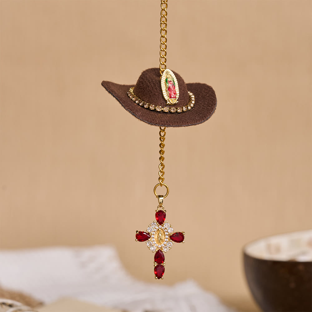Christianartworkshop Mini Cowboy Hat Our Lady Crystal Cross Car Hanging Ornament: A Reminder of Merciful Divine Protection on Every Trip - Coffee - image 4