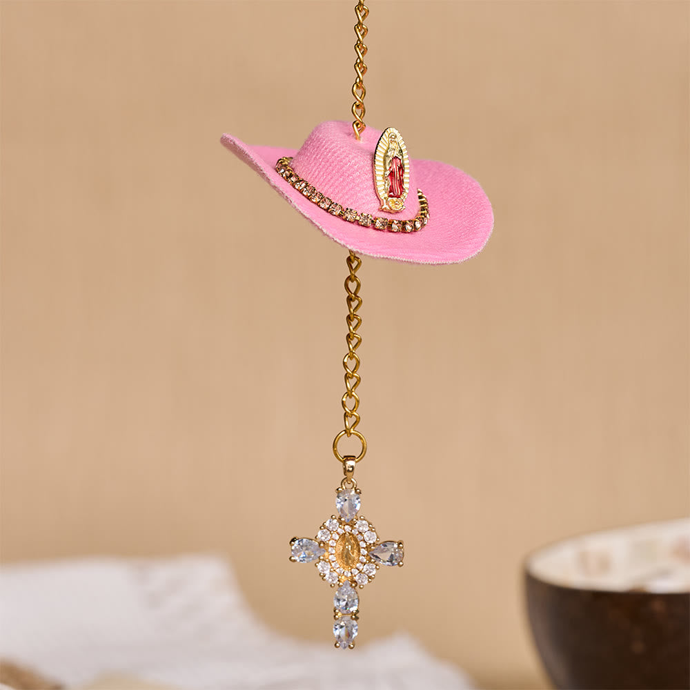 FREE Today: Mini Cowboy Hat Our Lady Crystal Cross Car Hanging Ornament: A Reminder of Merciful Divine Protection on Every Trip - Pink - image 8
