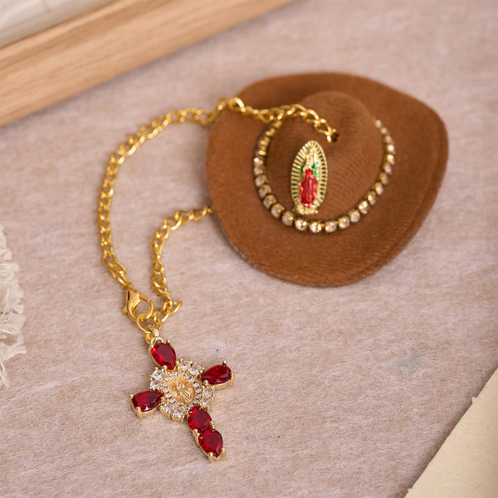 Christianartworkshop Mini Cowboy Hat Our Lady Crystal Cross Car Hanging Ornament: A Reminder of Merciful Divine Protection on Every Trip - image 1