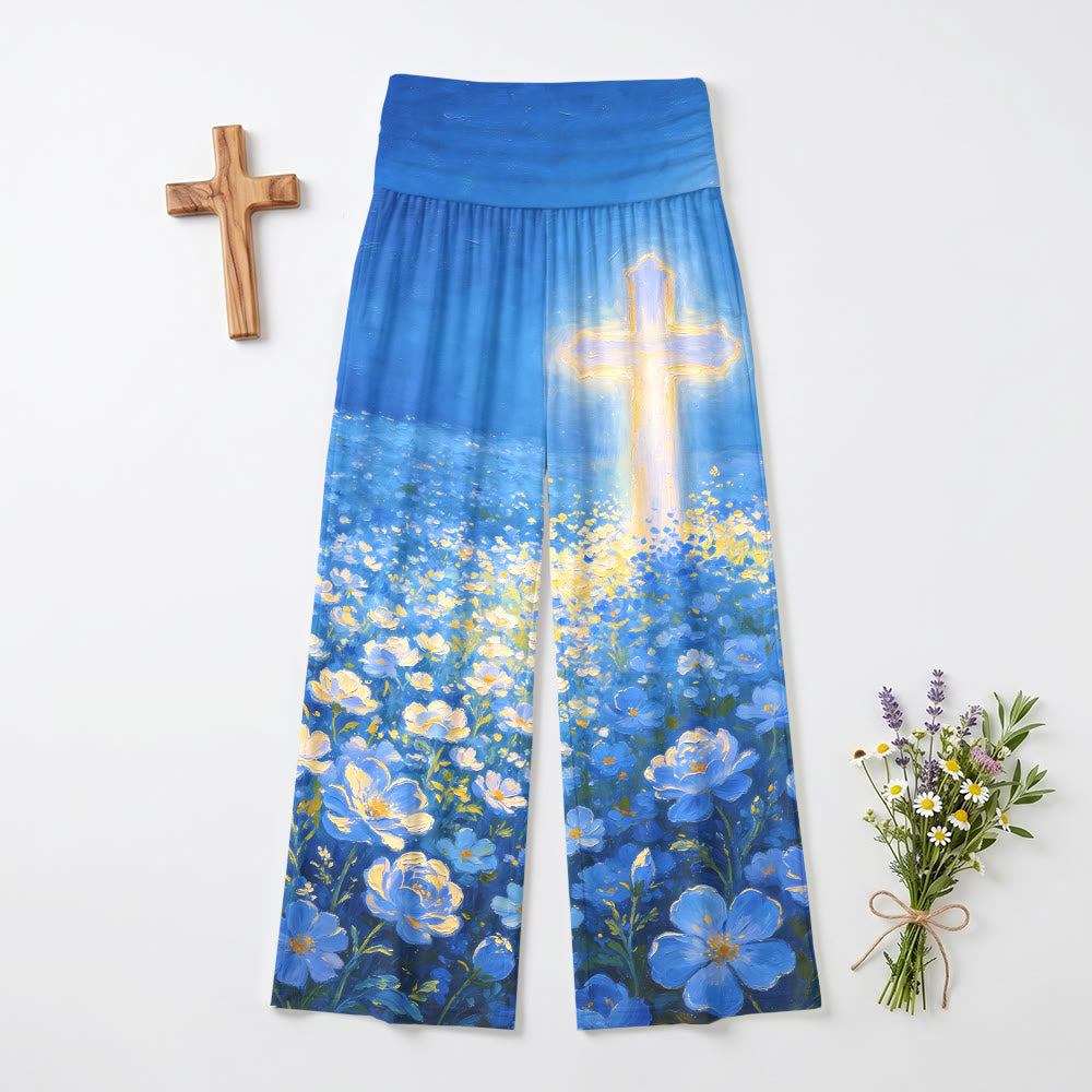 Christianartworkshop Glowing Cross Floral Oil Painting Print High Waist Stretch Faith Women’s Wide Leg Pants - 6XL - image 0