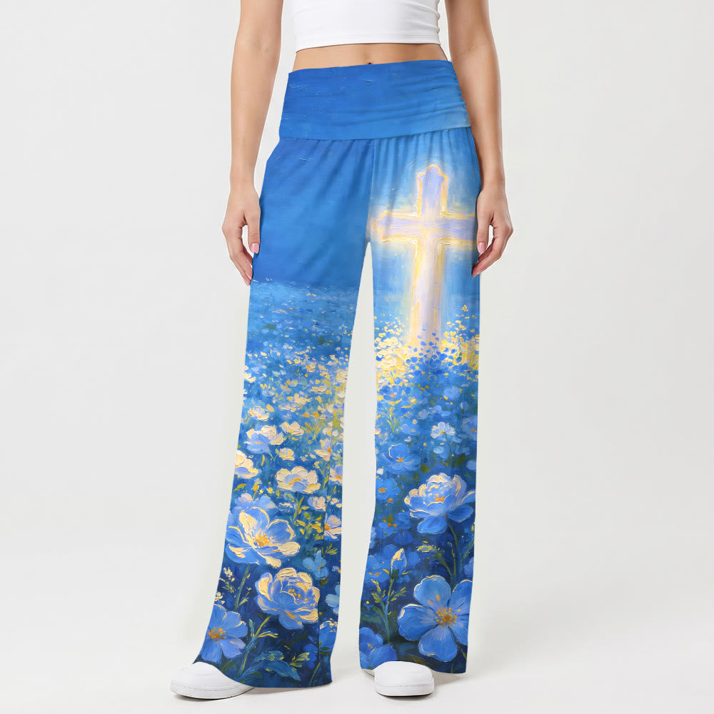 Christianartworkshop Glowing Cross Floral Oil Painting Print High Waist Stretch Faith Women’s Wide Leg Pants - image 1
