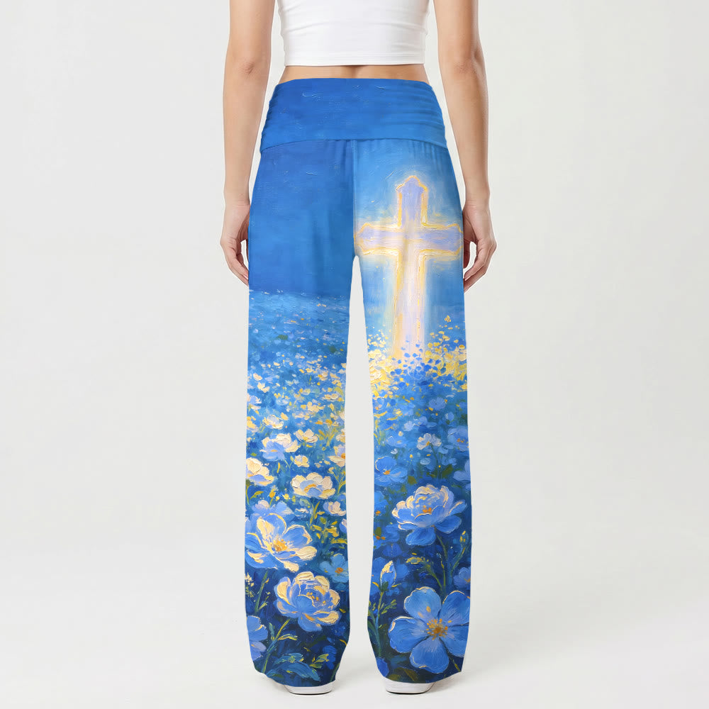 Christianartworkshop Glowing Cross Floral Oil Painting Print High Waist Stretch Faith Women’s Wide Leg Pants - image 2