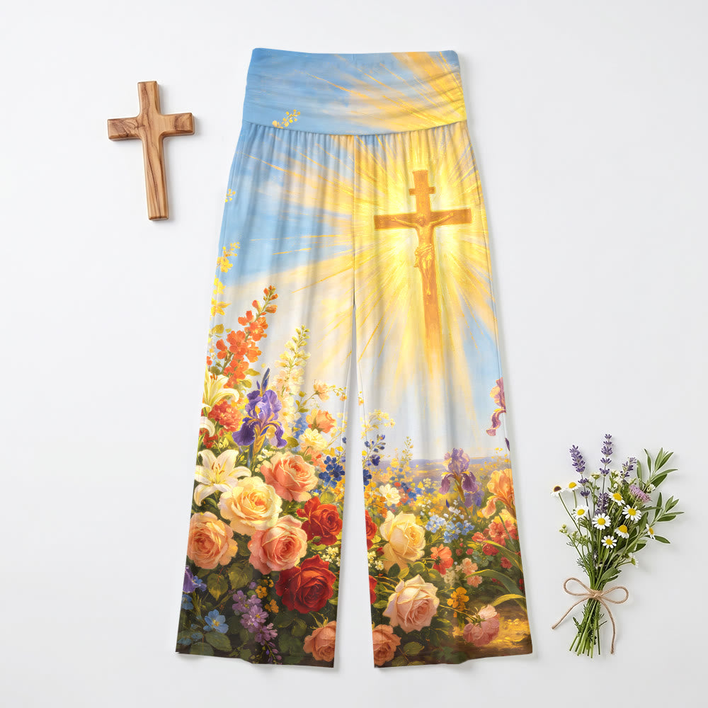Christianartworkshop Radiant Crucifix Mixed Floral Vintage Oil Painting Print High Waist Stretch Women’s Wide Leg Pants - 6XL - image 0