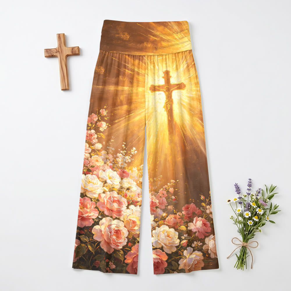 Christianartworkshop Radiant Crucifix Blush Rose Vintage Oil Painting Print High Waist Stretch Women’s Wide Leg Pants - 6XL - image 0