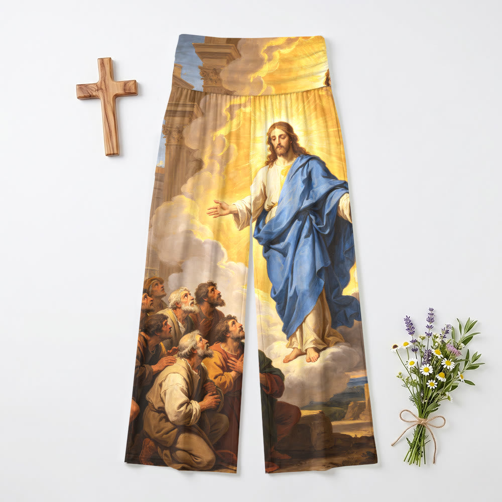 Christianartworkshop Ascending Jesus Disciples Gaze Vintage Classical Oil Painting Print High Waist Stretch Women’s Wide Leg Pants - 6XL - image 0