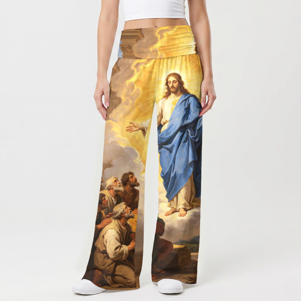 Christianartworkshop Ascending Jesus Disciples Gaze Vintage Classical Oil Painting Print High Waist Stretch Women’s Wide Leg Pants - image 1