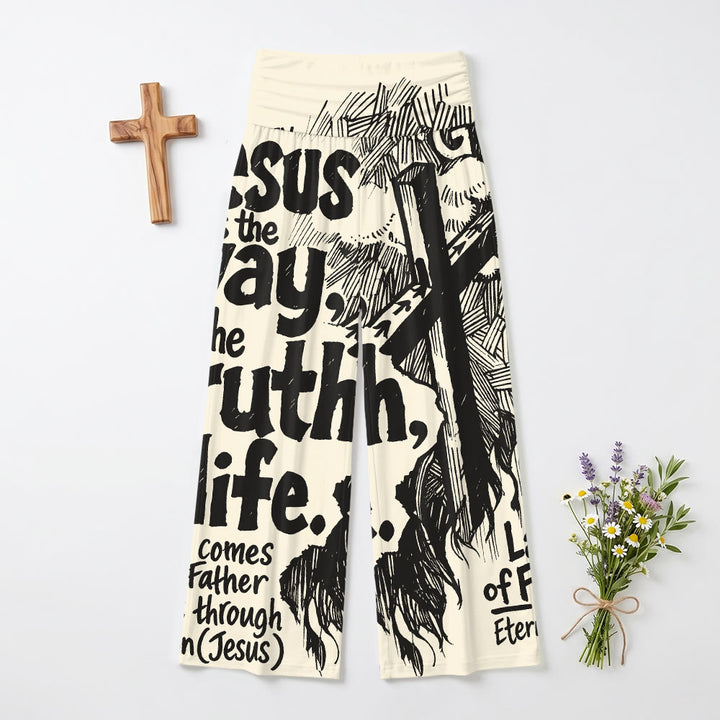 Christianartworkshop Jesus The Way Truth Life Woodcut Cross Scripture Bold Text Full Print High Waist Stretch Women’s Wide Leg Pants - 6XL - image 0