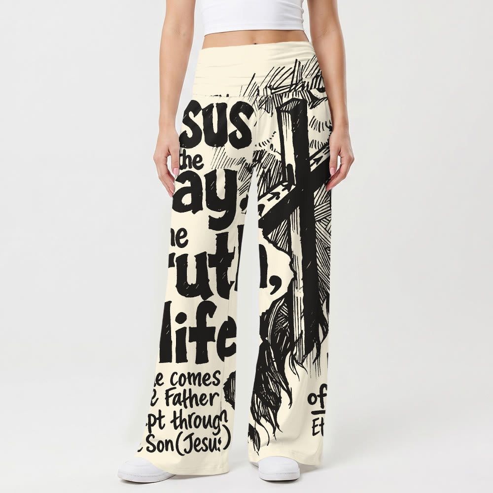 Christianartworkshop Jesus The Way Truth Life Woodcut Cross Scripture Bold Text Full Print High Waist Stretch Women’s Wide Leg Pants - image 1