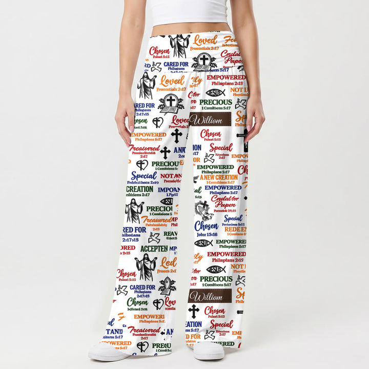 Christianartworkshop Fold Over Elastic High Waist Assorted Biblical Identity Text & Icon Casual Devotional Women’s Wide Leg Pants - image 1