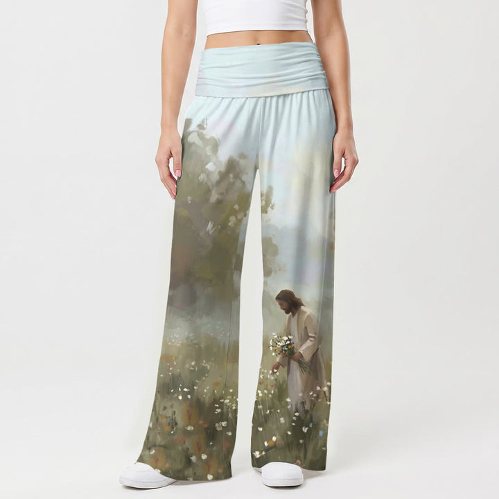 Christianartworkshop Pastoral Wildflower Field Jesus Gathering Blooms Full Body Gentle Art Print Soft Loose Wide Leg Women’s Wide Leg Pants - image 1