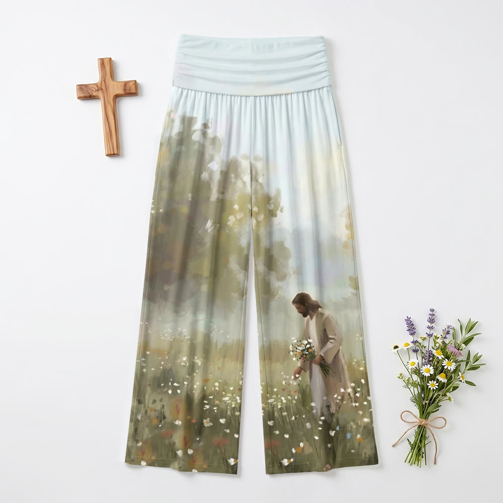 Christianartworkshop Pastoral Wildflower Field Jesus Gathering Blooms Full Body Gentle Art Print Soft Loose Wide Leg Women’s Wide Leg Pants - 6XL - image 0