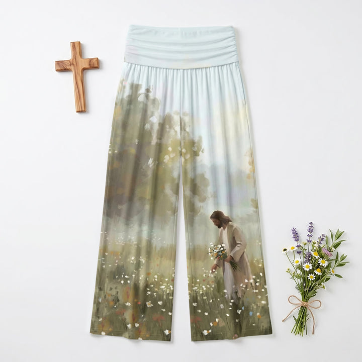 Christianartworkshop Pastoral Wildflower Field Jesus Gathering Blooms Full Body Gentle Art Print Soft Loose Wide Leg Women’s Wide Leg Pants - 6XL - image 0
